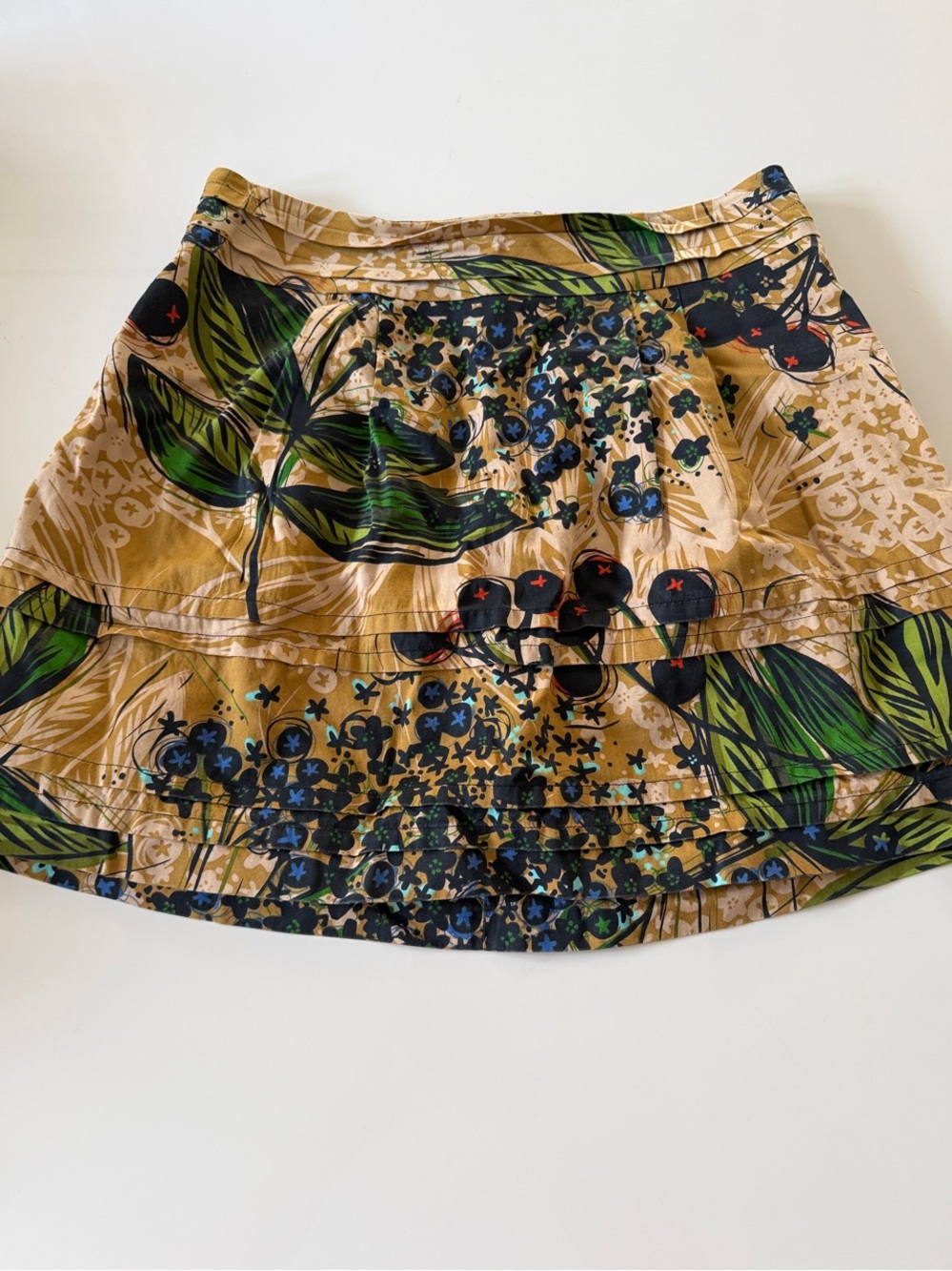 Anthropologie Tan Mustard Floral Tiered Mini Skirt with Green Leaves